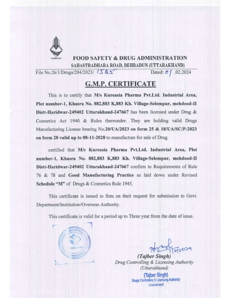 WHO-GMP Certification at Kureasia Pharma Facility