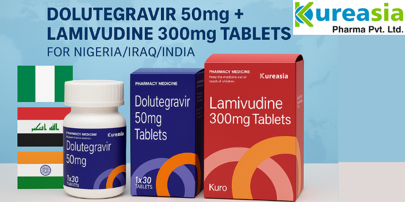 Dolutegravir 50mg + Lamivudine 300mg Tablets packaging by KureAsia Pharma Pvt. Ltd. for export to Nigeria and Iraq.