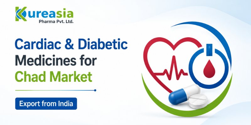Cardiac and diabetic medicines export from India to Chad by Kureasia Pharma including Metformin Glimepiride and Amlodipine Bisoprolol tablets.