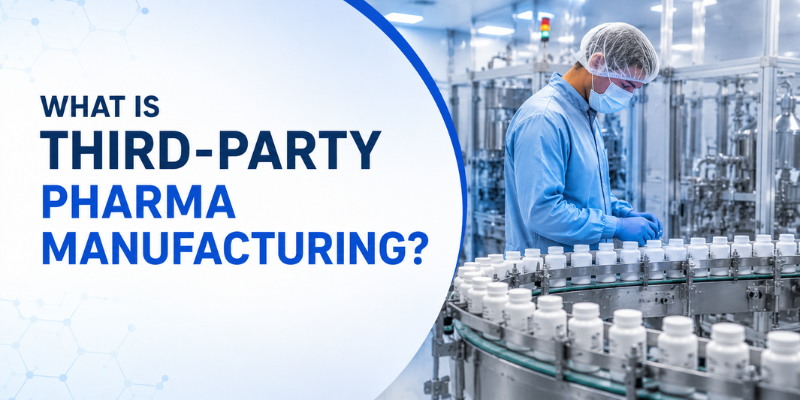 Third-party pharma manufacturing facility with a pharmaceutical worker inspecting medicine bottles on an automated production line in a modern GMP-certified plant.