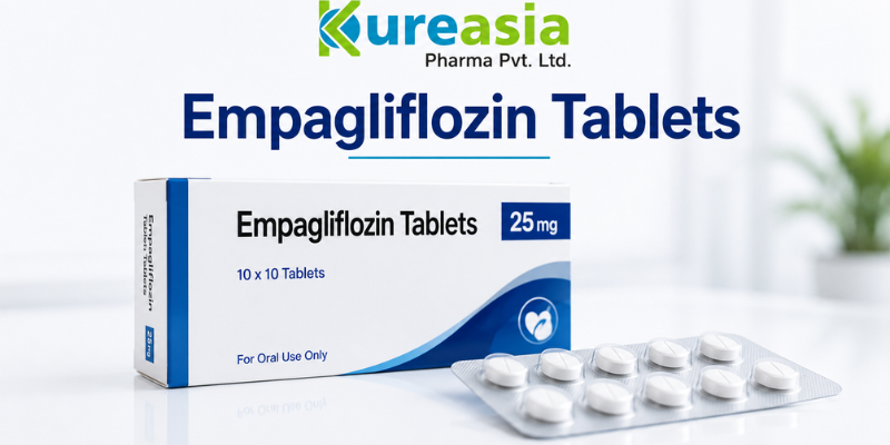Empagliflozin Tablets by Kureasia Pharma with product packaging and tablets.