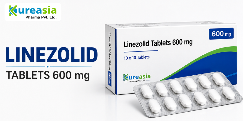 Linezolid Tablets 600 mg by Kureasia Pharma with product packaging and blister tablets.
