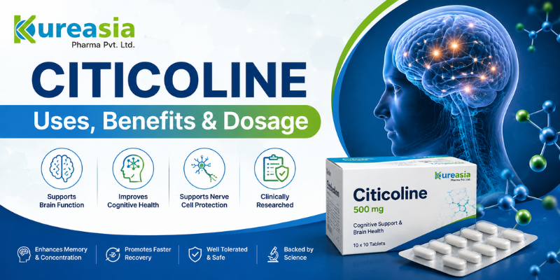 Citicoline Uses, Benefits & Dosage feature image by Kureasia Pharma Pvt. Ltd. with brain health illustration and pharmaceutical branding.