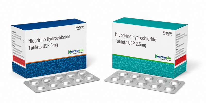 Midodrine 2.5 mg, 5 mg and 10 mg tablets manufactured by Kureasia Pharma, WHO-GMP certified contract and third party pharmaceutical manufacturer in India.